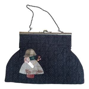 Handmade Black Quilted Applique Clasp Bag with Brass Chain Handle
